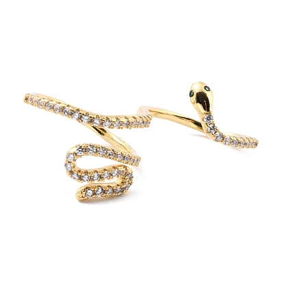 Brass Micro Pave Cubic Zirconia Cuff Rings, Long-Lasting Plated, Snake