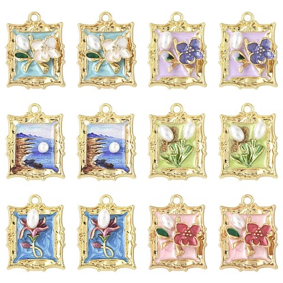 12 шт 6 стили подвески из сплава эмали, прямоугольник с цветочной подвеской, с пластмассовой жемчужиной abs