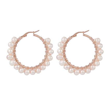 Natural Pearl Braided Big Hoop Earrings, 304 Stainless Steel Wire Wrap Jewelry for Women