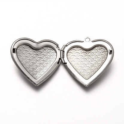 316 Stainless Steel Locket Pendants, Photo Frame Charms for Necklaces, Heart with Wave Pattern