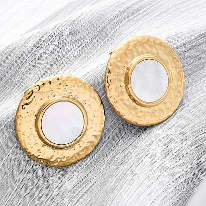 304 серьги-гвоздики из натуральной белой ракушки из нержавеющей стали, плоские круглые прелести, ионное покрытие (ip)