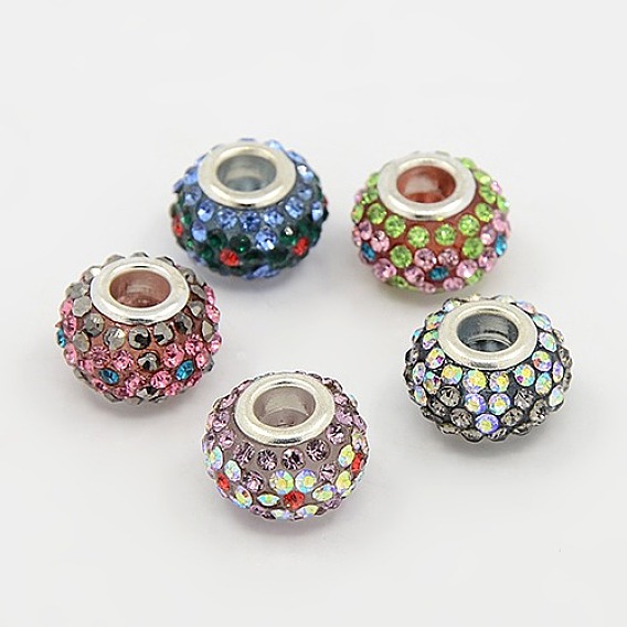 Glasperlen Strass europäischen, Harz, mit silberner Farbe Messing-Doppelkerne, Rondell, 15x10 mm, Bohrung: 5 mm