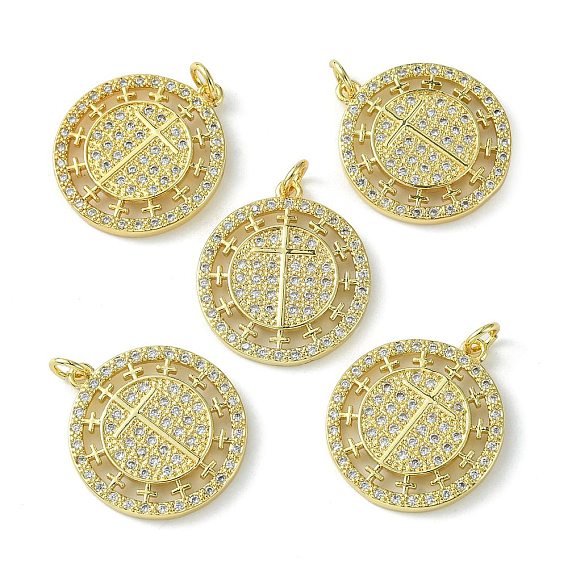 Rack Plating Brass Micro Pave Cubic Zirconia Pendants,, Long-Lasting Plated, Lead Free & Cadmium Free, Flat Round with Cross Charm