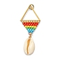Glass Seed Beaded Big Pendants, Rhombus Charm, with 304 Stainless Steel Linking Ring & Jump Ring & Natural Cowrie Shell