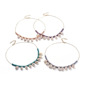 Natural Cowrie Shell Pendant Necklaces, with Faceted Rondelle Glass Beads, Brass Cable Chains and Brass Lobster Claw Clasps, Golden