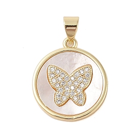 Brass Micro Pave Clear Cubic Zirconia Pendant, with Shell, Flat Round with Butterfly