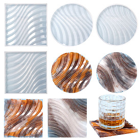 DIY Flat Round/Square Corrugated Cup Mat Silicone Molds, Resin Casting Wave Pattern Coaster Molds, For UV Resin, Epoxy Resin Craft Making