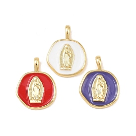 Латунь эмаль подвески, плоские круглые с Девой Марией, без кадмия и без свинца, стойки покрытие, долговечный, реальный 18 k позолоченный
