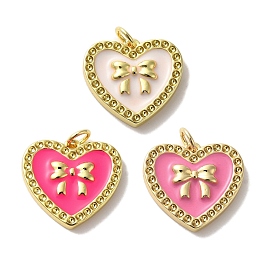 Rack Plating Brass Pendants, with Enamel and Jump Ring, Cadmium Free & Lead Free, Long-Lasting Plated, Real 18K Gold Plated, Heart with Bowknot Charm