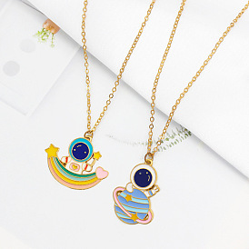 Galactic Adventure: Cartoon Astronaut Explores Planets on Rainbow Ship with Trendy Necklace Accessories