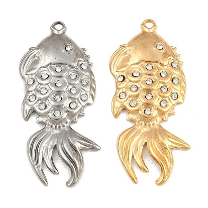 304 Stainless Steel with Crystal Rhinestone Big Pendants, Fish Charms
