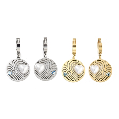 Left and Right Flat Round with Heart 304 Stainless Steel Dangle Earrings, ABS Plastic Pearl and Enamel Evil Eye Hoop Earrings for Women