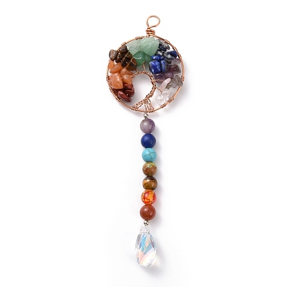 Chakra Thema Edelstein Perlen große Anhänger, Sonnenfänger, mit Glasanhängern und Kupferdraht, Baum des Lebens