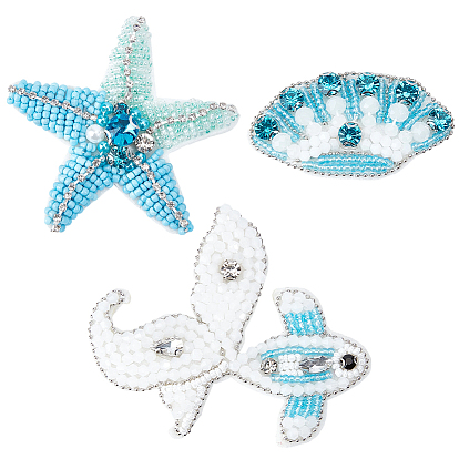 3Pcs 3 Styles Ocean Polyester and Plastic Beading Applqiues, Sew on Felt Patches, Costume Ornament Accessories, Mixed Shapes