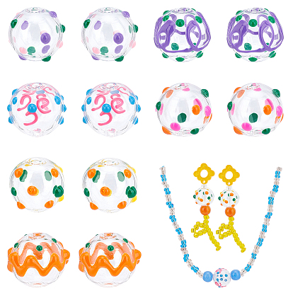 12Pcs 6 Style Transparent Glass Enamel Beads, Hand Drawn Beads, Round