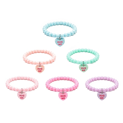 6Pcs 6 Color Candy Color Acrylic Round Beaded Stretch Bracelets Set, Heart with Word Hug Me Resin Charms Stackable Bracelets for Women