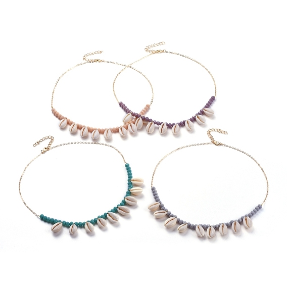 Ожерелья из натуральной каури, с гранеными стеклянными бусинами Rondelle, латунные кабельные цепи и латунные застежки на лобстеров, золотые