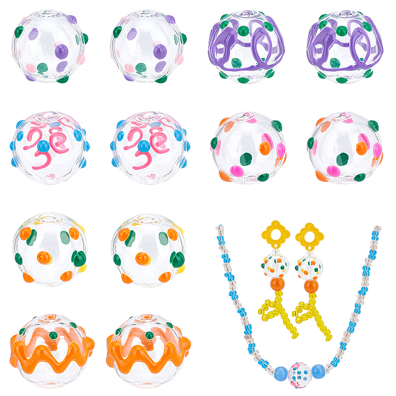 12Pcs 6 Style Transparent Glass Enamel Beads, Hand Drawn Beads, Round