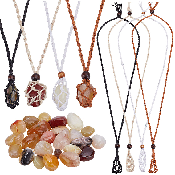 8шт. регулируемый вощеный шнур макраме мешочек пустой держатель для камня изготовление ожерелья, с натуральными деревянными бусинами и 24шт. натуральными агатовыми бусинами