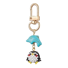 Handmade Glass Seed Penguin Pendant Decorations, Dolphin Synthetic Turquoise and Alloy Swivel Clasps Charms for Bag Ornaments