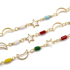 Golden Brass Link Chain, with Glass, Long-Lasting Plated, with Spool, Soldered, Star & Moon