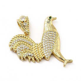 Brass Micro Pave Cubic Zirconia Pendants, Long-Lasting Plated, Real 18K Gold Plated, Rooster