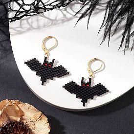 Тематика хэллоуина летучая мышь ручной работы стеклянные бусины серьги с застежкой-молнией, с 304 фурнитурой для сережек из нержавеющей стали, золотые