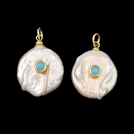 Natural Baroque Keshi Pearl Pendants, Coin Charms with Brass Pave Cubic Zirconia Findings and 304 Stainless Steel Open Jump Rings, Golden