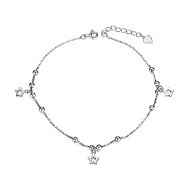 SHEGRACE 925 Sterling Silver Anklet, Stars and Small Beads, Platinum, 210mm