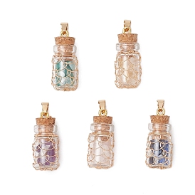 5Pcs Copper Wire Wrapped Glass Jar Pendants, Natural Lapis Lazuli & Rose Quartz & Citrine & Amazonite & Amethyst inside Bottle Charms