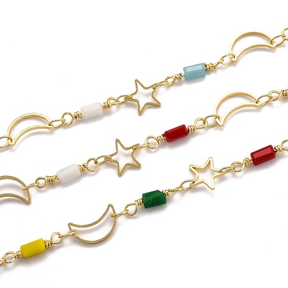 Golden Brass Link Chain, with Glass, Long-Lasting Plated, with Spool, Soldered, Star & Moon