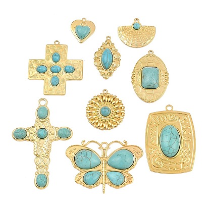 Богемный стиль 304 нержавеющая сталь с подвесками из синтетической бирюзы, овальный крест-сердце бабочка, золотые