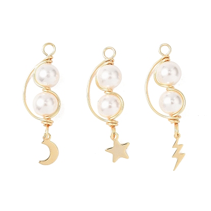 3 шт. 3 стили подвески из круглой ракушки с медной проволокой и жемчугом, подвески из нержавеющей стали и латуни в виде луны, звезд и молний, белые