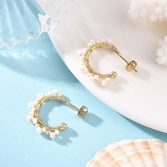 304 Stainless Steel Stud Earrings, Natural Cultured Freshwater Pearl Half Hoop Earrings for Women