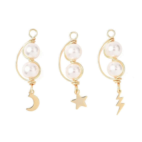 3 шт. 3 стили подвески из круглой ракушки с медной проволокой и жемчугом, подвески из нержавеющей стали и латуни в виде луны, звезд и молний, белые