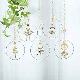 Iron Pendant Decorations, Hanging Suncatchers, with Glass Octagon Link, for Home Garden Decorations