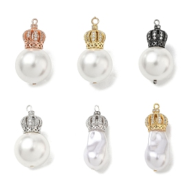 Подвески из латуни с микропаве из прозрачных кубических цирконий и кремово-белых искусственных жемчужин., корона прелести, стойки покрытие, долговечный, без кадмия и без свинца
