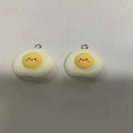 Opaque Resin Pendants, Fried Egg Charm, Imitation Food, with Platinum Tone Iron Loops