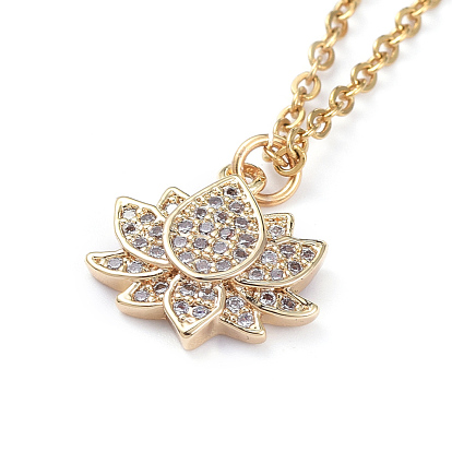 Pendant Necklaces, with 304 Stainless Steel Cable Chains & Lobster Clasps, Brass Clear Cubic Zirconia Pendants and Box, Lotus