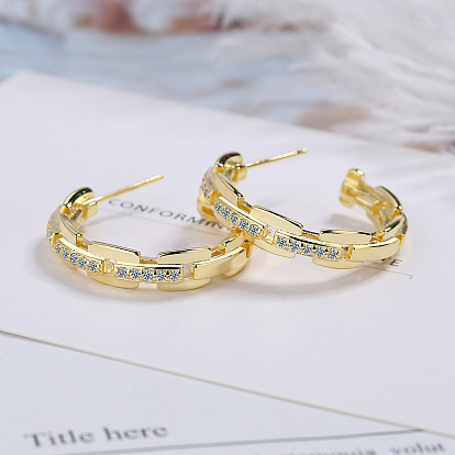 Zircon Inlaid Chain Big Hoop Earrings - Gold Color, Elegant, Trendy.