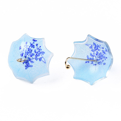 Printed Acrylic Pendants, with Golden Plated Brass Findings, 3D Umbrella with Flower Pattern