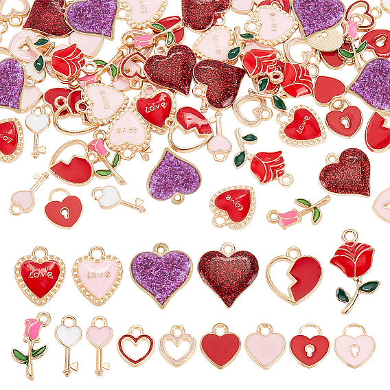 90Pcs 15 Style Alloy Enamel Charms, Rose & Broken Heart & Flower, Light Gold