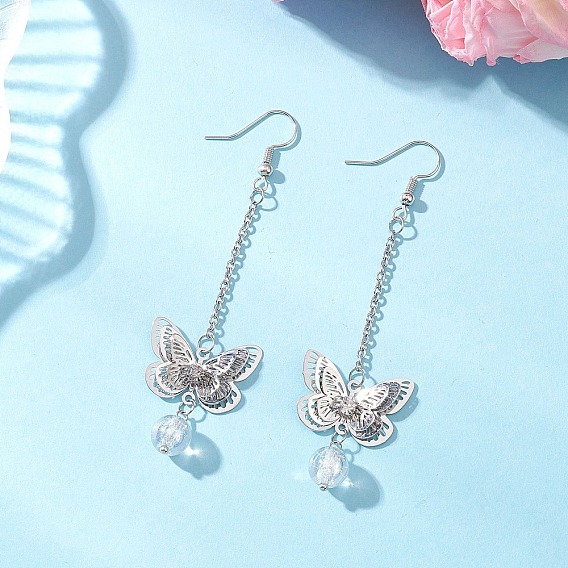 Латунные серьги с подвесками-бабочками, с гальванизированной синтетической кварцевой бусиной с трещинками и 304 фурнитурой для сережек из нержавеющей стали
