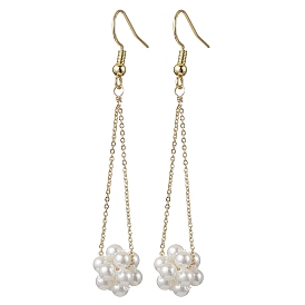 Shell Pearl Beads & Brass Cable Chain Dangle Earrings, with Brass Earring Hooks, Flower