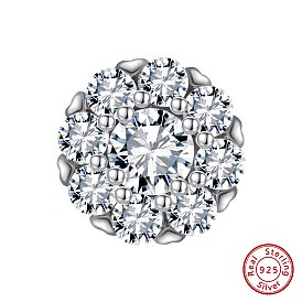 Rhodium Plated 925 Sterling Silver Beads, with Clear Cubic Zirconia, Flat Round