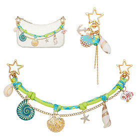 2Pcs Star & Shell Shape 304 Stainless Steel Bag Extender Chains & Pendant Decorations, with Handmade Porcelain and Shell and Brass Pendant and Alloy Swivel Clasps