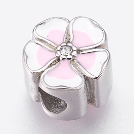 304 acier inoxydable perles européennes, Perles avec un grand trou   , avec l'émail et strass, fleur