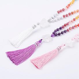 Frosted Natural Weathered Agate and Gemstone Necklace, with Nylon Tassel Pendants