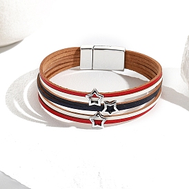 Independence Day PU Leather Cord Multi-strand Bracelets, with Stainless Steel Magnetic Clasps and Metal Star