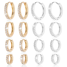 8 Pairs 8 Styles Brass Micro Pave Clear Cubic Zirconia Hoop Earrings, Ring